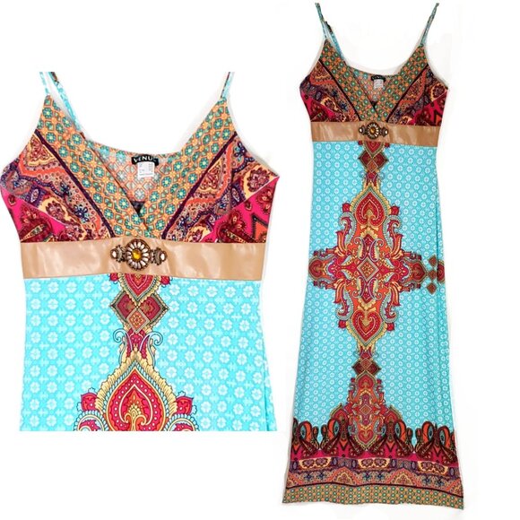 Y2K Babydoll Style Bohemian Maxi Dress Colorful Leather Crystal Accent M VENUS - Picture 1 of 9